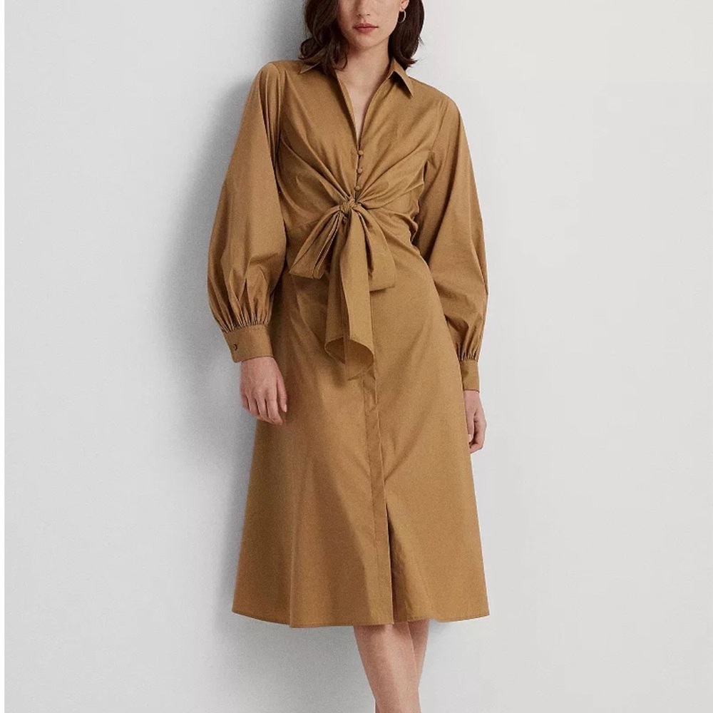 Ralph Lauren Tan Camel Button Wrap Tie Front Midi Shirt Dress 4 (S)